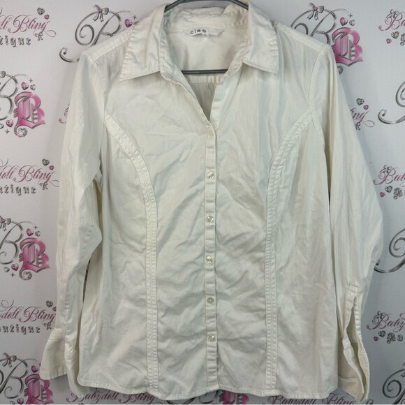 cleo Tops - Cleo long sleeve shirt button up  cream White Shirt collared shiny buttons